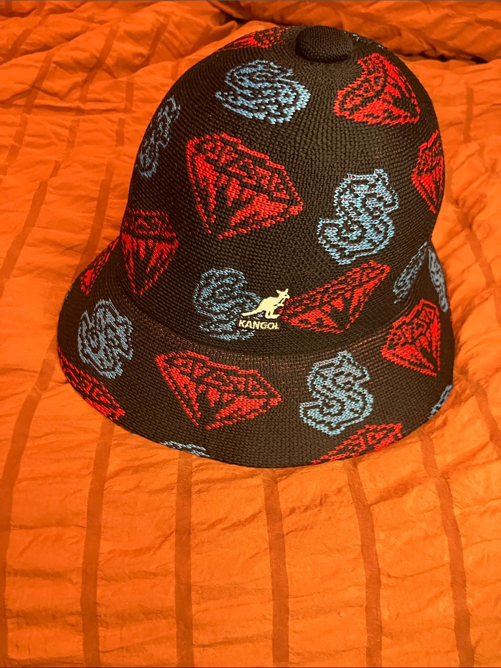 Kangol Black Bucket Hat with Red Diamond and Light Blue Dollar Motifs